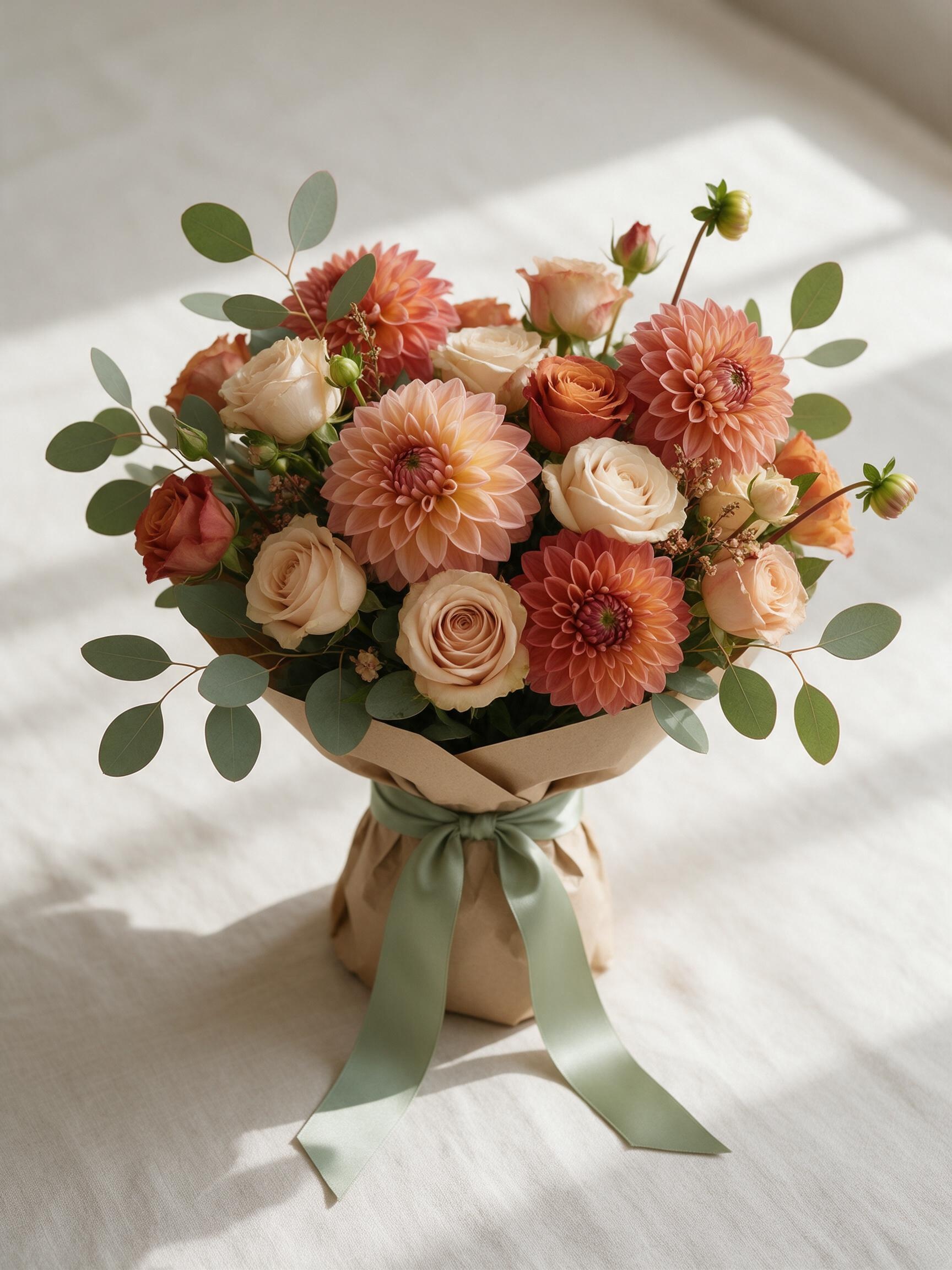 季節の花をクラフト紙で包んだ花束